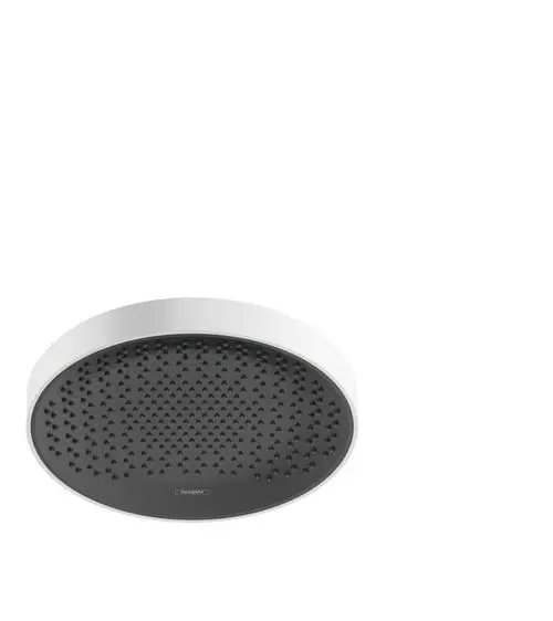 Runde Duschelement mit schwarzer Oberfläche, fein strukturiert, umgeben von einem schmalen weißen Rand. Produkt von Hansgrohe.